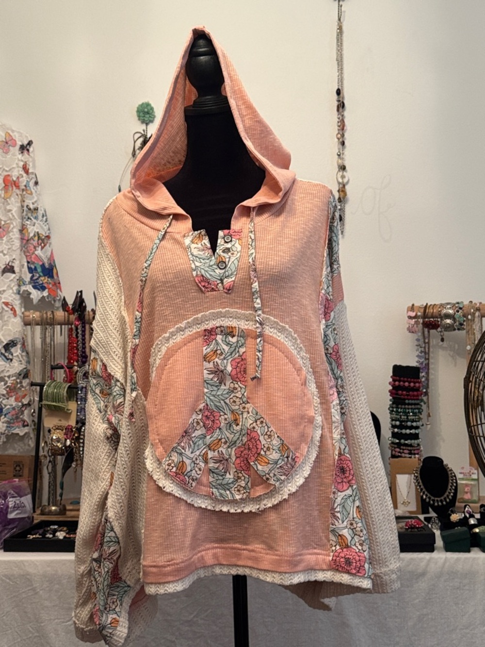 POL Peach Floral Peace Sign Hooded Pullover Top
